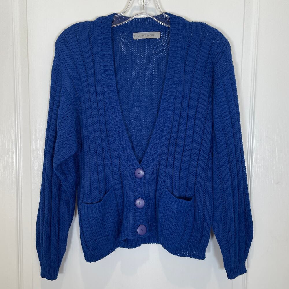 Vintage 80's Esprit Sport Cardigan Sweater Blue Preppy‎ Twee Balloon Sleeves S